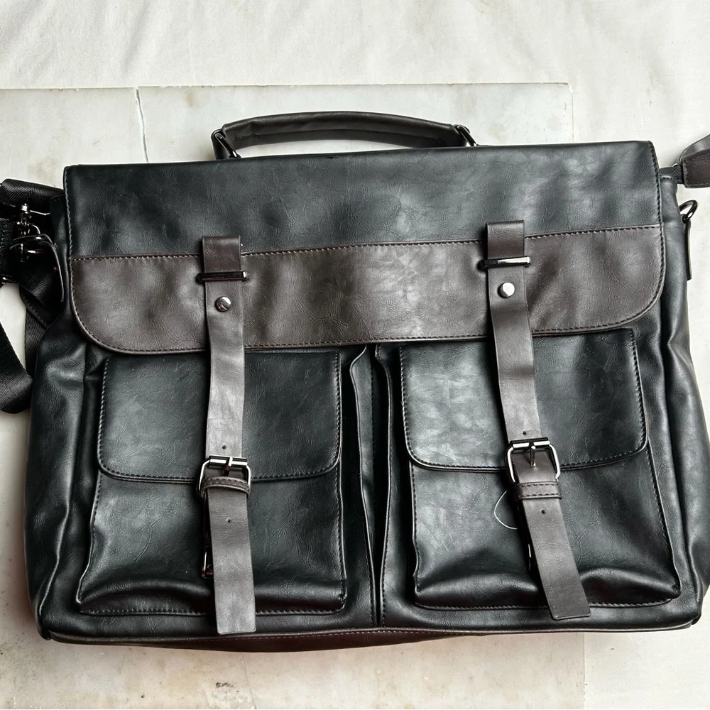 Professional Black and Dark Brown Leather Briefcase - Men's Business Bag